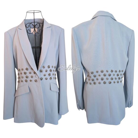 Cinq a Sept Loisa Crepe Crystal Embellished Floral Ocean Dew Blue Blazer 10 - Picture 1 of 13